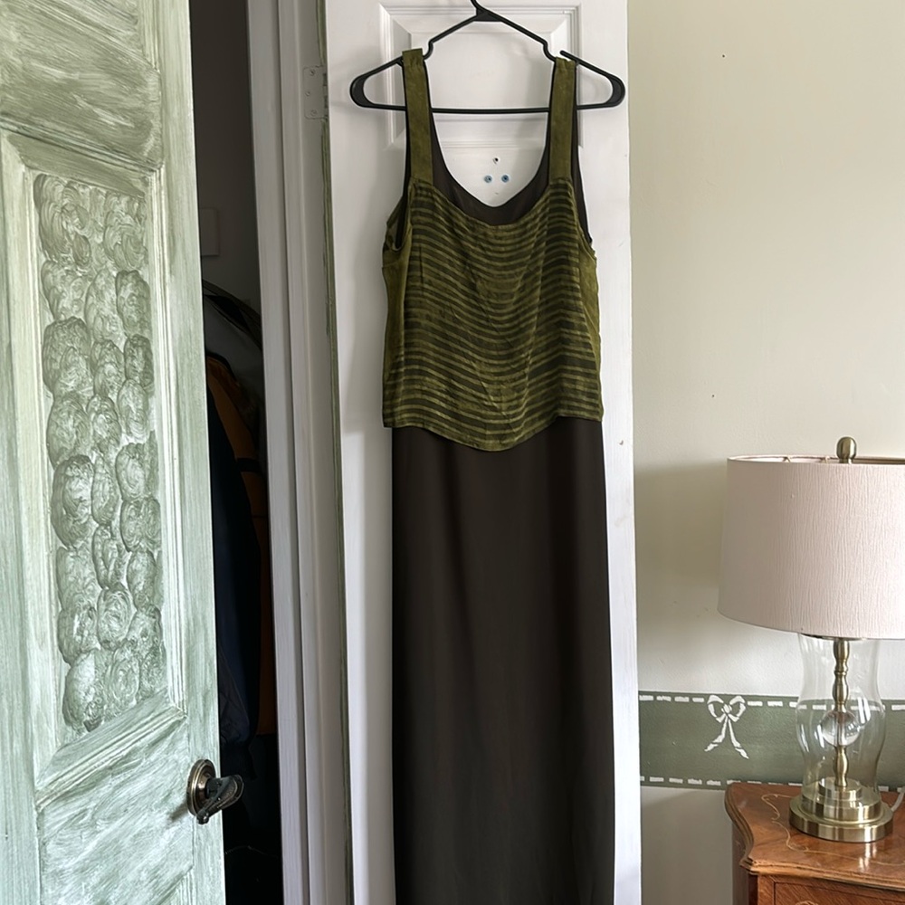 Vintage Joseph Ribkoff green maxi dress with striped overlay crop top